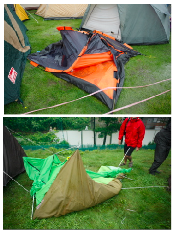適当にテントの設営を行った場合、こうなることも。また安価なテントは風や雨にもとても弱い。